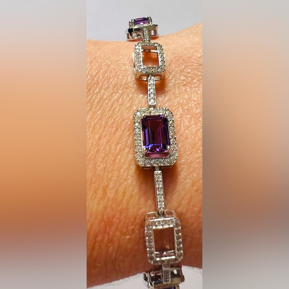 BA2 3CT Natural Russian Amethyst Bracelet Rhodium plated Sterling Silver S925